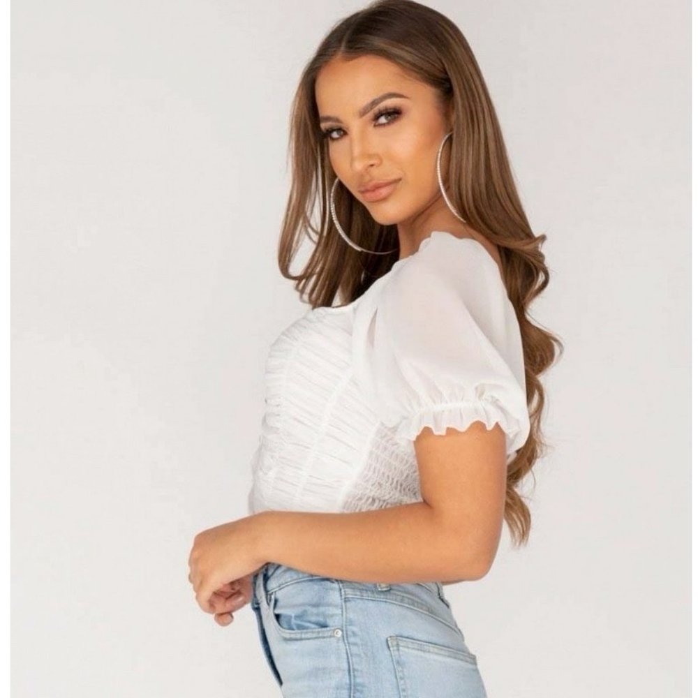 White Short Sleeve Ruched Smocked Crop Top - Picture 8 of 9